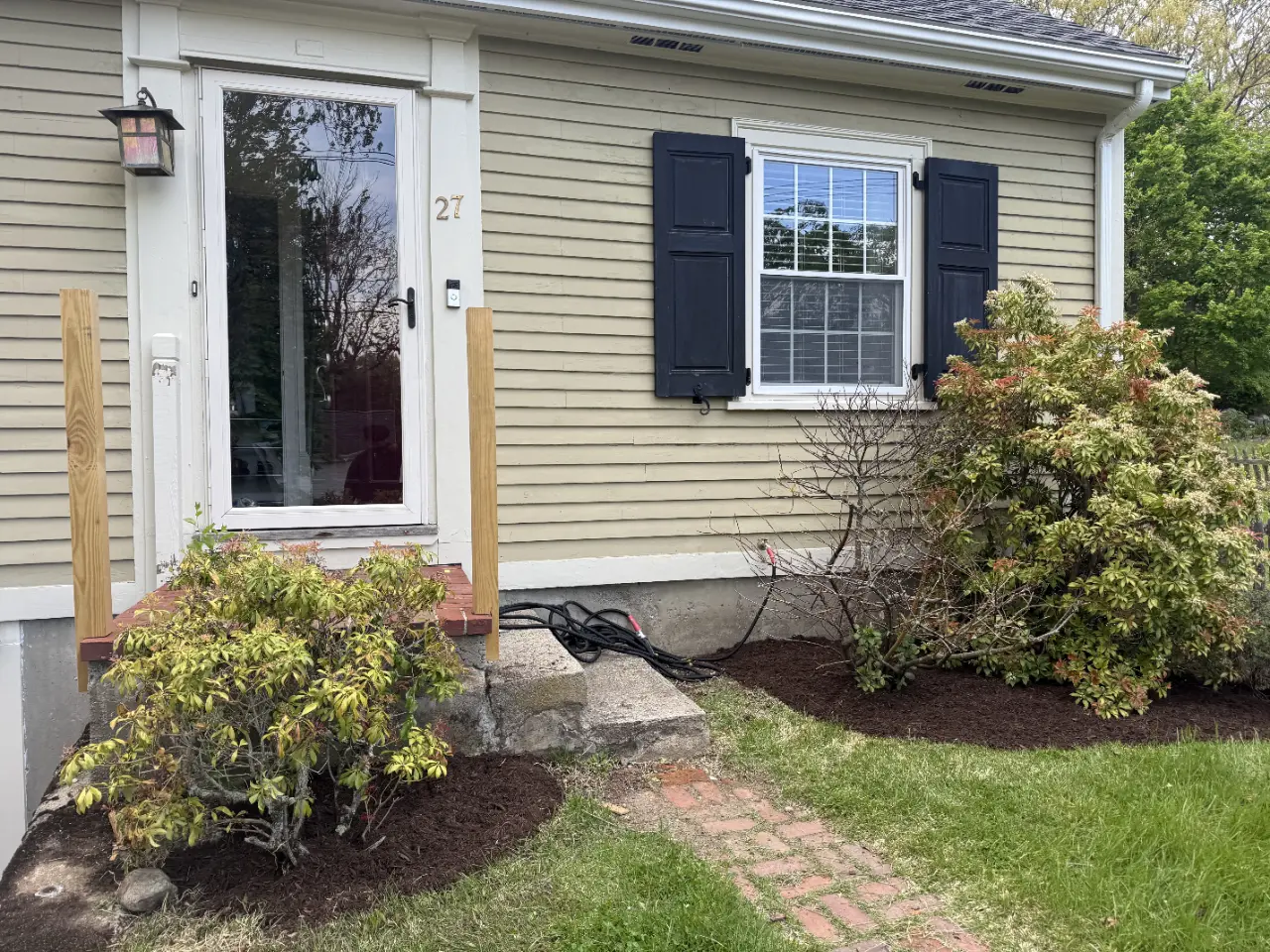 Hands adding mulch around a garden bush