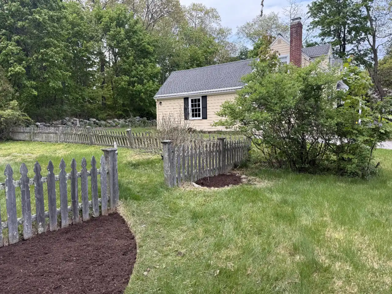 Gloved hands adding mulch around a garden bush