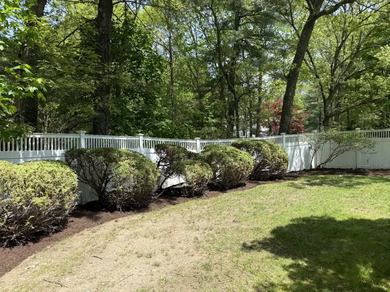 Landscaper spreading mulch in a garden bed in Massachusetts